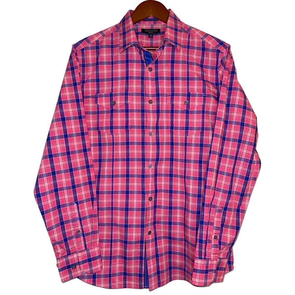 Banana Republic Men's Button Down Slim Fit Pink Plaid Long Sleeve Shirt Size M